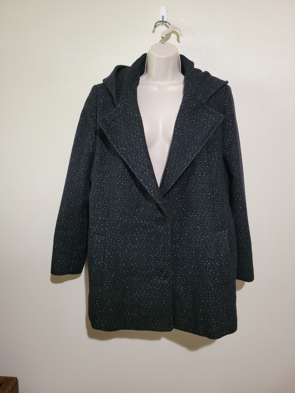 Wool-Blend Black Hooded Pea Coat